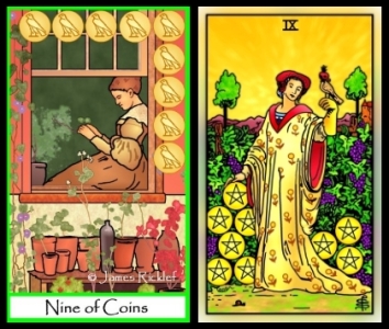 TOM Nine of Coins and RWS 2.0 Nine of Pentacles